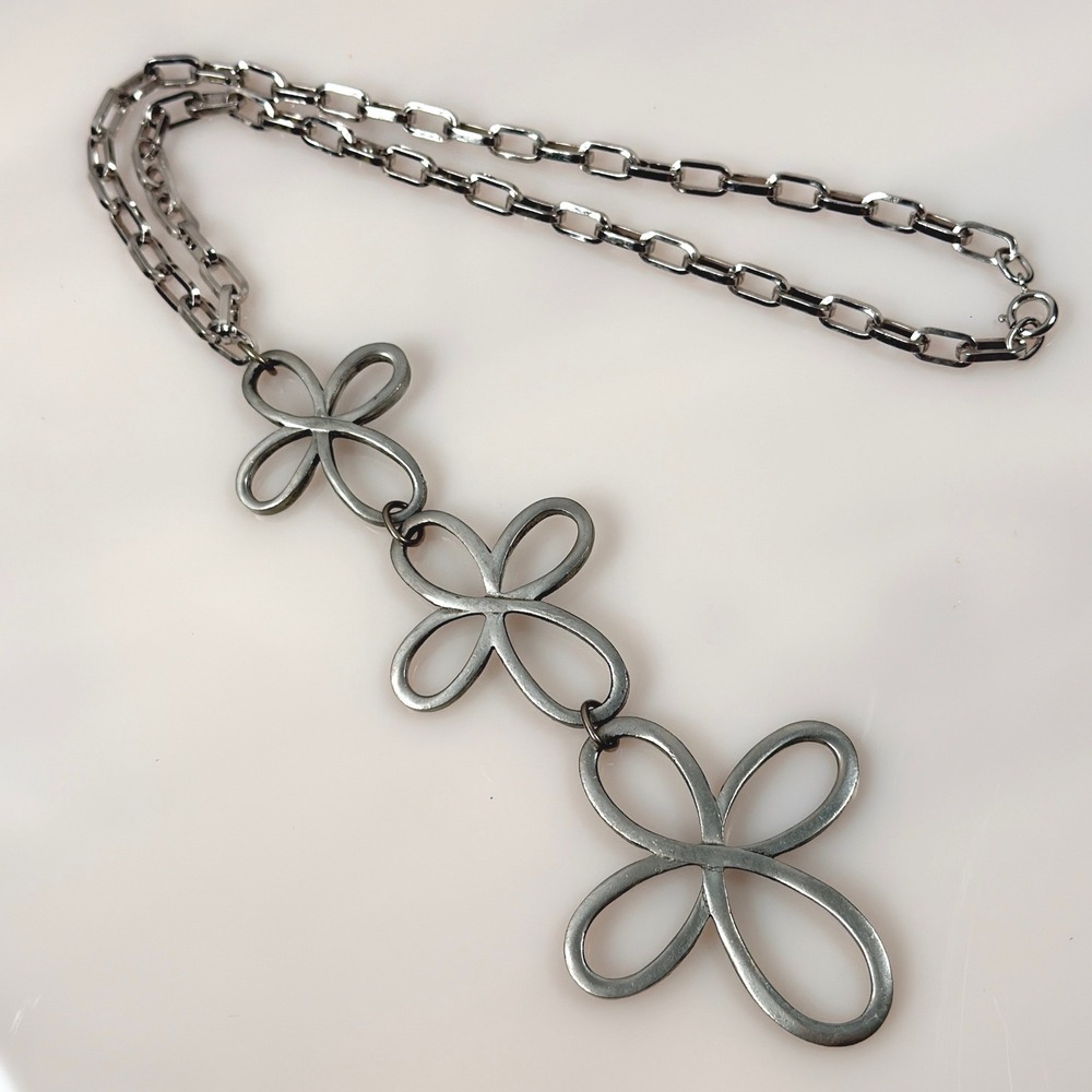 Reed & Barton Pewter Necklace Infinity Flower Tiered Pendant 18 In Chain Signed